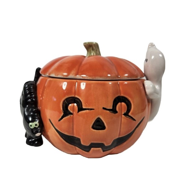 Vintage Halloween Candy Jar Fitz & Floyd 1987 Pumpkin Ghost Black Cat 7 inch - Picture 1 of 9